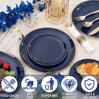 KIRE 350Pcs Blue and Gold Plates -Heavy Duty Navy Blue Dinnerware Set - 100 Plastic Plates 50 Pre Rolled Napkins with Gold Plastic Silverware 50 Cups for Upscale Birthday/Wedding/Parties