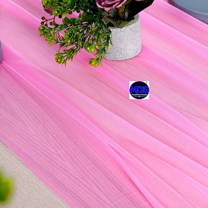 MDS 10 Pack 10ft Chiffon Table Runner 29 x 120 Inches Sheer Wedding Runner Romantic Rustic Table Runner for Wedding Decorations, Birthday Parties, Bridal Shower Party Arch Decor - Bubblegum Pink
