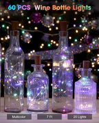 Hortsun 60 Pack Wine Bottle Lights with Cork Fairy Mini String Lights Battery Operated Mini Waterproof 7 ft Silver Wire 20 Led Cork Shape for Christmas, DIY, Party, Decor, Wedding, Bar (Multicolor)
