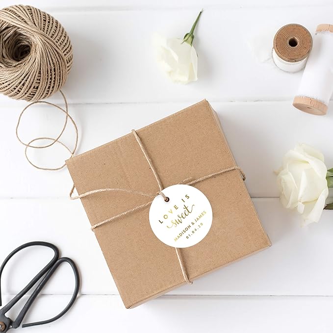 Andaz Press Personalized Round Circle Wedding Gift Tags, Metallic Gold Ink, Love is Sweet, 24-Pack, Custom Made Any Name