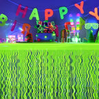 Mega-L Glow in The Dark Party Supplies, 2 Pack Neon Party Decorations Fluorescent Macaron Yellow Wavy Metallic Tinsel Foil Fringe Table Skirts, Perfect Table Decors for Glow Birthday Decor