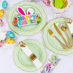 Liacere 350PCS Light Green Plates - Disposable Green and Gold Plastic Plates 50guest Baroque Dinnerware include 100Plates,50Pack Pre Rolled Napkins with Silverware 50Cups for Mother's Day