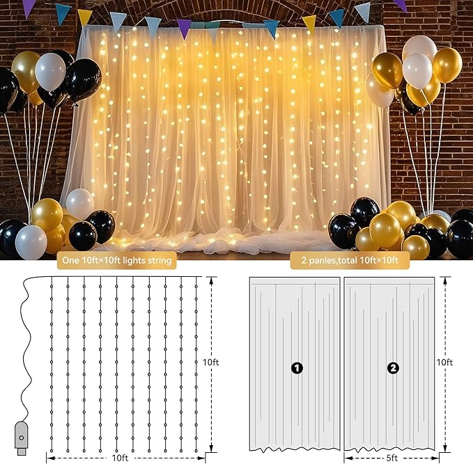 10×10ft Tulle Backdrop Curtains with Lights String - 300LED Fairy Lights Sheer Curtain Backdrop for Weddings Baby Shower and Birthday Party Decorations(6 Panels 5×10ft)