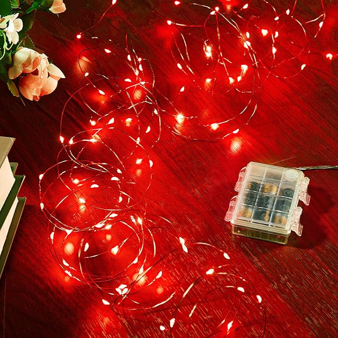 1 Pack 65.6 Ft. Battery Operated Outdoor String Lights with Remote & Timer, LED Red Fairy Lights, Waterproof Twinkle Lights for Bedroom, Dorm, Mason Jar, Wedding, Party, Christmas