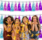3P Lake Blue Purple-Hot Pink Metallic Fringe Tassel Banner Garland Foil Tinsel Streamer Wall Hanging Curtain Backdrop Banner for Parade Floats,Graduation Decorations, Wedding Party Decoration