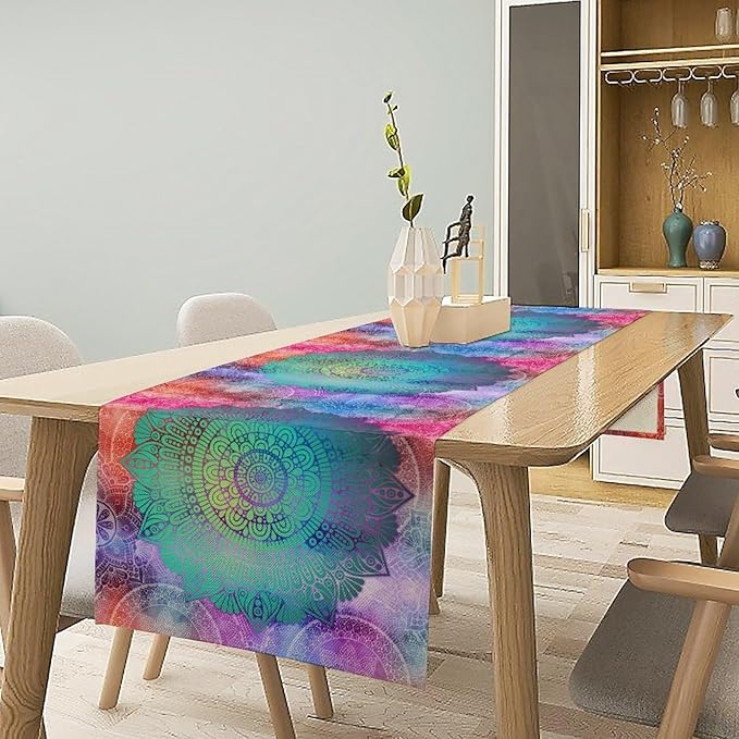 Green Mandala Table Runner, Bohemian Vintage Colorful Exotic Colorful Floral Print Table Runner for Wedding Dining Table Holiday Party Kitchen Home Decor, 13x108inch