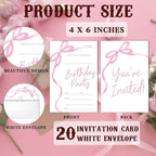 SIXEIGHT Pink Bow Birthday Invitations, Pink Ribbon Bow Birthday Party Invitations, 20 Party Invitations with Envelopes for Girls Boys, Birthday Party Favor & Decoration (4"x6")-A04