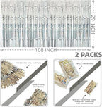 Silver Streamers Party Decorations, 2 Packs Silver Table Skirts Metallic Foil Fringe Tinsel for Birthday Disco Bachelorette Baby Shower Wedding Graduation Float Parade Party Supplies - 29x108 Inch