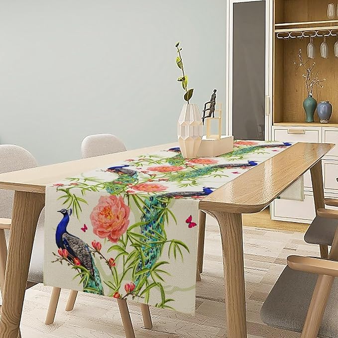 Peacock Table Runner,Seasonal Flower Plants Peacock Birds Table Runner for Home Kitchen Dining Party Indoor Outdoor Decoration 13x70 Inch