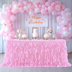 PARTISKY Pink Tulle Curly Willow Table Skirt for Rectangle Table 17ft, Ruffle Tutu Table Cloth for Girls Baby Shower,Birthday Party Candy Cake Tables