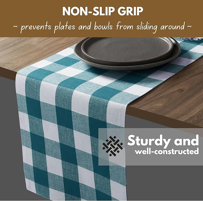 Native Fab Buffalo Checkered Plaid Table Runner, 100% Cotton, 13x108 Inches, Rustic Farmhouse Kitchen and Dining Décor, Ideal for Weddings, Birthdays, Holiday Gatherings, Teal Green