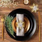 Halatool Christmas Napkin Rings Set of 12, Gold Snowflake with White Rhinestone Napkin Holder for Christmas Thanksgiving Winter Holiday Place Setting, Weddings, Party Table Decoration