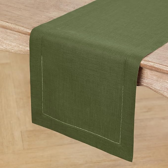 Solino Home Linen Olive Table Runner 108 Inches Long - 100% Pure Linen 14 x 108 Inch Table Runner for Fall, Autumn, Thanksgiving - Classic Hemstitch