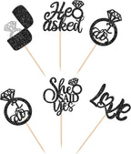 30 PCS He Asked She Said Yes Cupcake Toppers Love I Do Diamond Ring Cupcake Picks for Wedding Enaggement Bridal Shower Party Cake Decorations Supplies Black