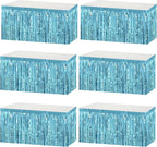 6 Pack 29x108 Inch Metallic Foil Fringe Tinsel Table Skirts Banner for Rectangle Tables Streamer Garland Backdrop for Wedding, Birthday, Parade Floats, Halloween Party Decoration(Light Blue)