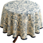 ISAENNE Designer French Linen Round Tablecloth,Blue Floral Washable Indoor Table Cloth,Durable Home Decor Tablecloths for Dining Thanksgiving Kitchen Party Christmas,Diameter 67"-Ruyi B