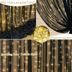 10x10ft Black Chiffon Backdrop Curtain with Lights for Wedding Birthday Parties, Wrinkle Free Backdrop Curtains with Lights for Halloween Baby Shower Gender Reveal Photo Shoot (5 x 10ft,2 Panels)