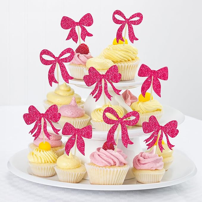 Gyufise 36Pcs Bow Cupcake Toppers Glitter Bowknot Cupcake Picks Bow Tie Birthday Decorations Princess Bow Cupcake Decorations for Bowknot Theme Baby Shower Birthday Party Supplies Rose Red