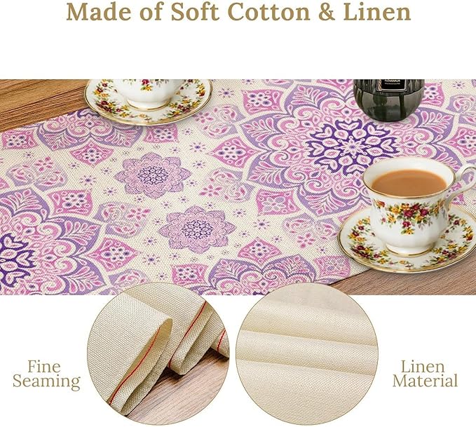 Purple Pink Mandala Table Runner, Traditional Indian Boho Mandala Flowers Print Table Runne for Kitchen Dining Table Office Wedding Party Holiday Home Decor, 13x120inch