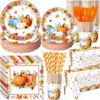 452 Pcs Fall Party Decorations Thanksgiving Party Supplies Fall Maple Leaves Pumpkins Paper Plates Napkins Cups Tablecloth Cutlery Straws for Autumn Thanksgiving Harvest Birthday Holiday