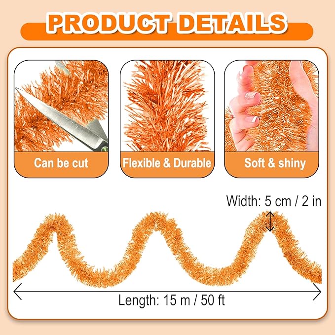 50 Feet Christmas Foil Fringe Banner Metallic Tassle Garland Metallic Backdrop Parade Floats Shiny Hanging Ceiling, Valentine's, Wedding, New Year Party Decorations(2" x 50', Macaron Orange)