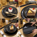 KIRE 175Pcs Black Plates Disposable - Heavy Duty Black and Gold Plastic Plates- 25 for Dinner 25 for Dessert 25 Pre Rolled Gold Silverware and 25 Cups for Birthday Party/Halloween/New Year
