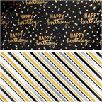 LeZakaa Reversible Black Birthday Wrapping Paper Roll for Boys Men, Happy Birthday Lettering & Stripe Pattern with Metallic Gold Foil in Black, Mini Roll, 17 inches x 32.8 Feet (46.45 sq.ft.)