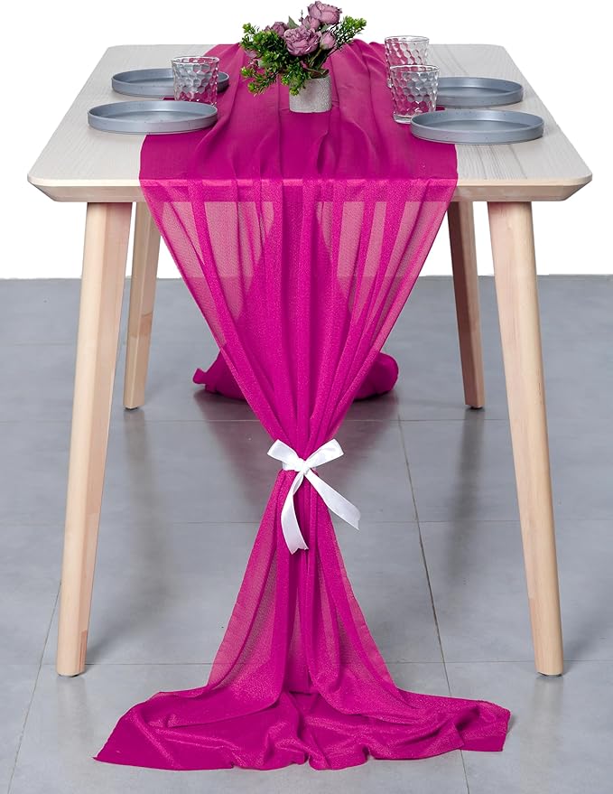 MDS 25 Pack 10ft Chiffon Table Runner 29 x 120 Inches Sheer Wedding Runner Romantic Rustic Table Runner for Wedding Decorations, Birthday Parties, Bridal Shower Party Arch Decor - Magenta