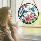 Stained Glass Window Hanging - Blue White Hummingbirds Pink Flowers Suncatcher for Door Terrace Garden Home Decor Bird Sun Catcher Birthday Gifts for Lovers Women Men Dad Mom Nana 7.8 in