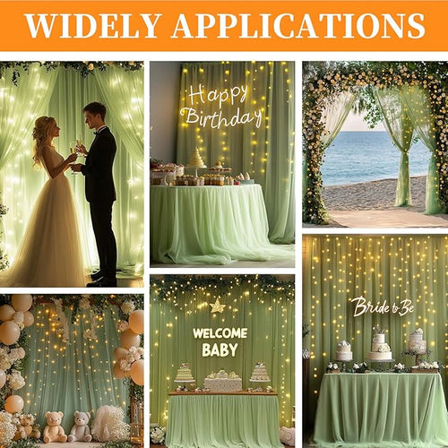 10x10ft Green Tulle Backdrop Curtain with String Lights, Wrinkle-Free Sheer Wedding Backdrop for Birthday Parties, Baby Showers, Bridal Showers, Photo Shoots and Home Decorations, Green