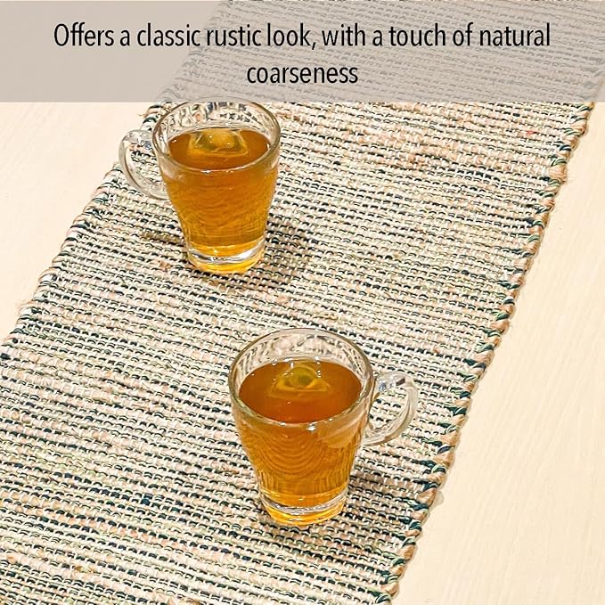 Chardin home Natural Jute Table Runner 13x48 Inch – Vintage Boho Rustic Table Decor – Handwoven Table Runner in Natural Jute and Green – Farmhouse Dining or Console Table Accent