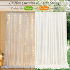 10ft x 10ft Cream White Chiffon Backdrop Curtain with Lights String for Parites Wedding Wrinkle Free Curtain Photo Backdrops Drapes for Baby Shower Birthday Party Home Decorations