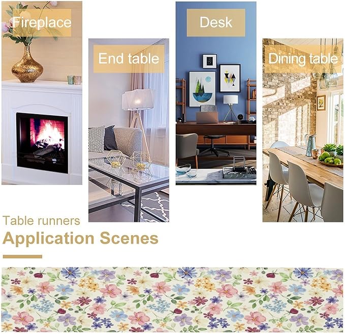 Floral Decorative Table Runner, Watercolor Floral Botanical Rustic Modern Style Pattern Printed Long Table Runner for Restaurant Kitchen Party,13in（33cm） W * 108in（274cm） L