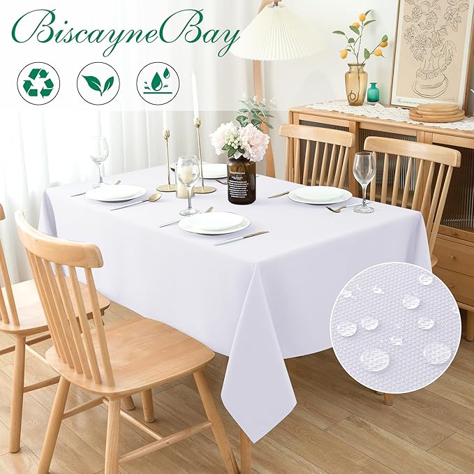 Biscaynebay Textured Fabric Tablecloths 52x70 Inches Rectangular, White Water Resistant Tablecloths for Dining, Kitchen, Wedding and Parties etc. Machine Washable