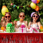 4 Pack 29x108 Inch Metallic Foil Fringe Tinsel Table Skirts for Rectangle Tables Streamer Backdrop for Wedding, Birthday, Parade Floats, Christmas, Halloween Party Decoration(Red)