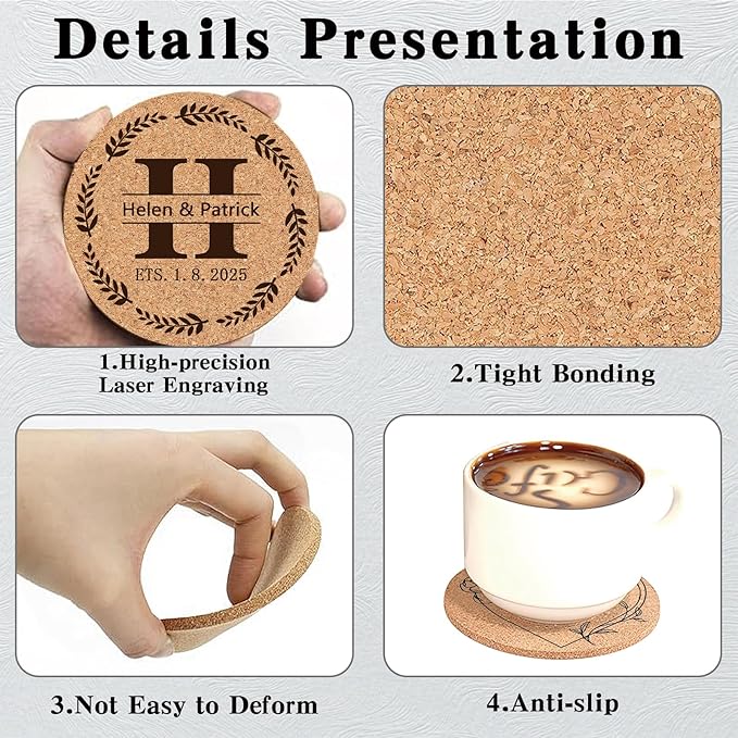 Custom Coasters Personalized Cork Coasters Bulk with Logo Wedding Personalized Cork Natural Wood Engraved Drink for Wedding Favors (Cork Coasters - Square)