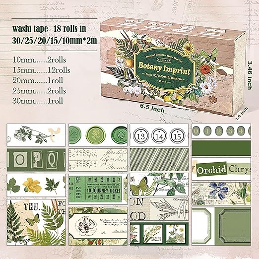 18 Rolls Botanical washi Tape Set for Crafts and Journaling DIY Scrapbooking Supplies Flower washi Tape for Scrapbooking Decorating Tape