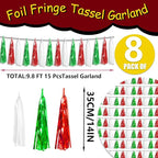 8P Red Green White Foil Fringe Metallic Tassel Streamers Banner Tassel Garland for Parade Floats, Graduation, Wedding, Birthday, Halloween, Christmas, Mexican Italian Birthday Party Decorations