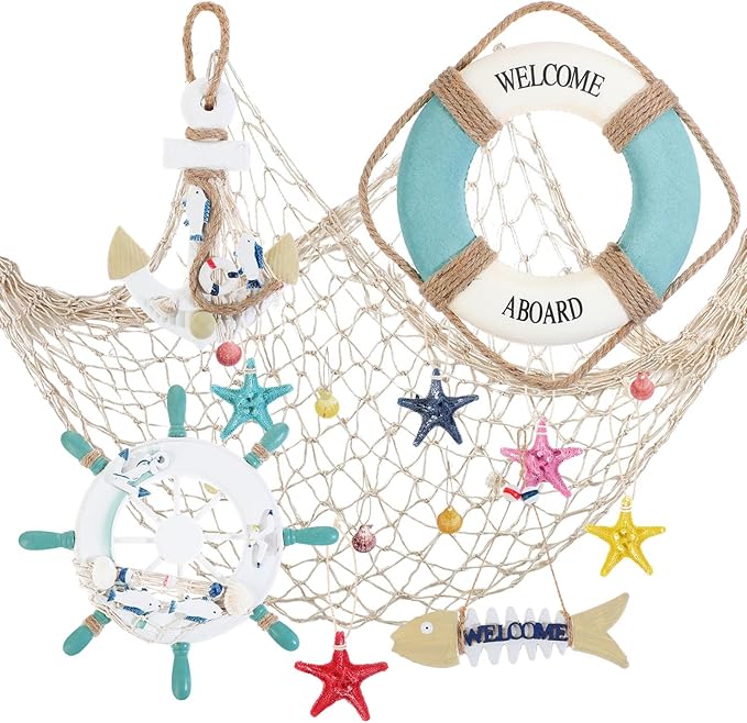 11 Pcs Wooden Nautical Wall Decor Fishing Net Decorations, Include Decorative Fishing Net, Ship Wheel, Fish Skeleton, Life Ring, Anchor, Starfish Beach Decor for Mediterranean Party (Wood Color)