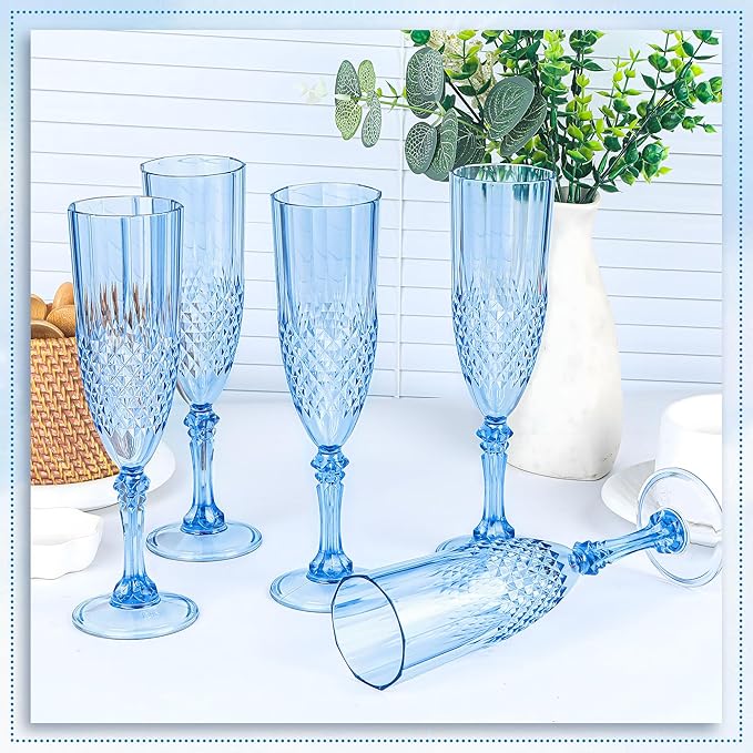 Plastic Champagne Flutes, 24PCS Blue Wine Glasses Goblets Cups Reusable Flute, for Weddings Bachelor Parties Toasting and Events (24, Blue)