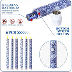 Baquler 6 Pcs Christmas Chinoiserie Flameless Candles 10.6 Inch Blue and White Battery Operated Led Candlesticks Chinoiserie Decor for Christmas Centerpiece Xmas Party Decor Holiday Gifts