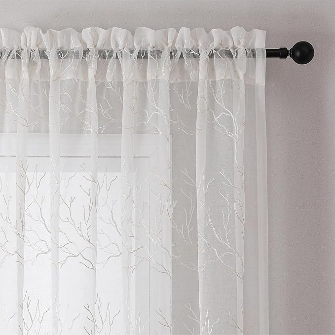VISIONTEX Sheer Curtains 84 inch Length 2 Panels Set, Decorative Beige Coral Embroidery, Rod Pocket Embroidered Window Drapes for Living Room and Bedroom, 54" x 84"