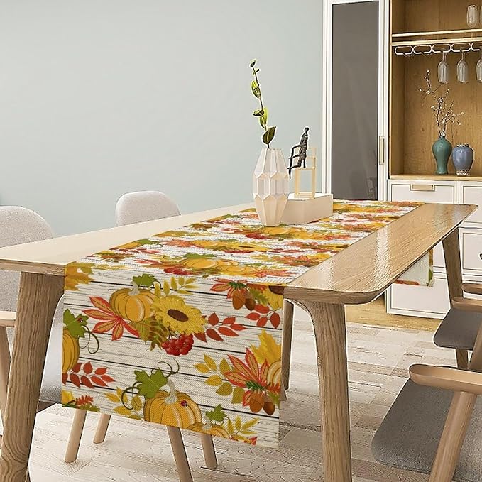 Autumn Table Runner,Seasonal Pumpkins Thanksgiving Kitchen Dining Table Decoration for Home Party Decor 13x36 Inch