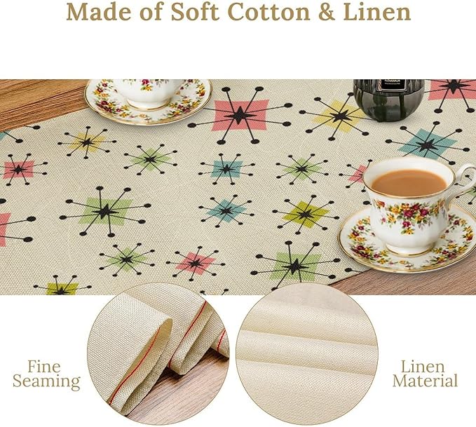 Mid Century Table Runner, Flag Retro Atomic Starburst 1950s Abstract Geometric Space Tabletop Decoration for Home Kitchen Restaurant Table Flag 13x90 Inch