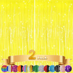 GCB 2Pack Macaron Yellow Metallic Tinsel Foil Fringe Curtains, Door Streamers Photo Booth Backdrop for Birthday Party, Tinsel Curtain Backdrop for Baby Shower Bachelorette Christmas Party Decorations