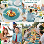 FLOWERCAT 100PCS Clear Blue Plastic Plates - Heavy Duty Plastic Plates Disposable -Straw hat plate for Summer party &Wedding - Serve for 50Guests party(10inch & 7inch)(Mediterranean Blue)