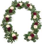 ponatia 6.5FT Handcrafted Artificial Rose Flower Garland, Eucalyptus Greenery Garland for Wedding Ceremony Garlands Backdrop Arch Flowers, Reception Table Decorations (Burgundy & Ivory Cream)