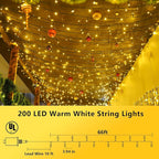 YEGUO 200 LED 66ft Christmas Lights Outdoor Waterproof, Warm White String Light Indoor, 8 Modes Green Wire Twinkle Xmas Tree Light Plug in with Memory Timer