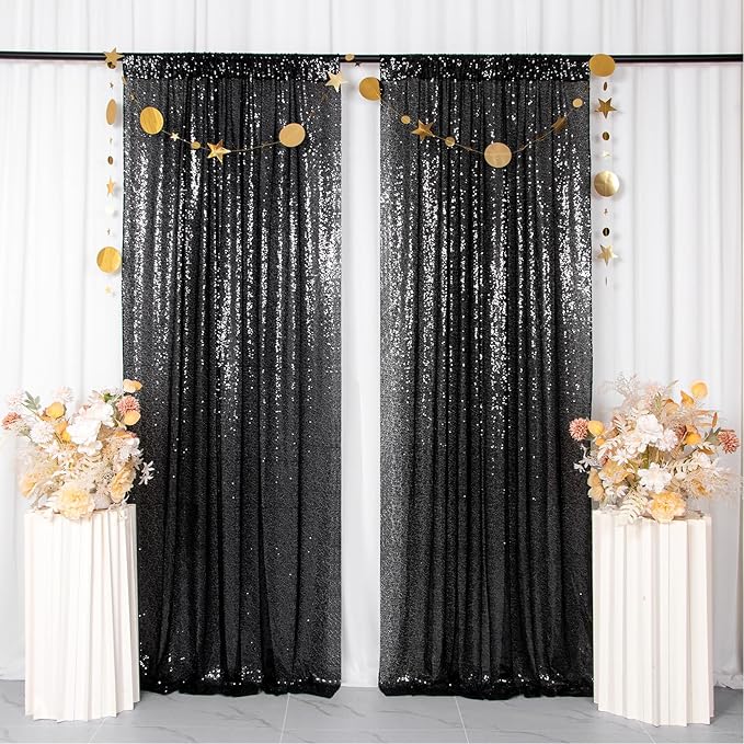 ShinyBeauty Sequin Curtains 4 Panels Black Backdrop Curtain Sequin Backdrops Sparkle Fabric Shimmer Photo Background for Halloween Parties Decor (2FTx8FT)