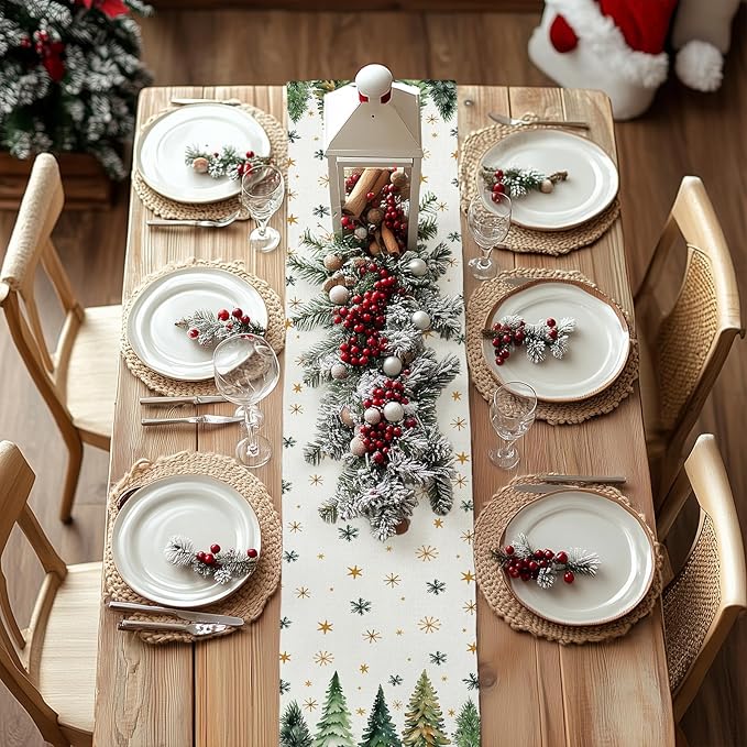 GEEORY Christmas Table Runner 13x48 Inch, Xmas Tees Snowflakes Holiday Decorative Farmhouse Table Decoration for Kitchen Dinning, Indoor Outdoor Dinner Party Decor (Light Green) GT166-48
